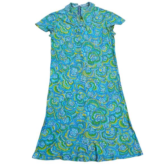 Vintage Handmade Blue Floral Multicolor Short Sleeve Collared Short Dress O/S - Picture 1 of 7